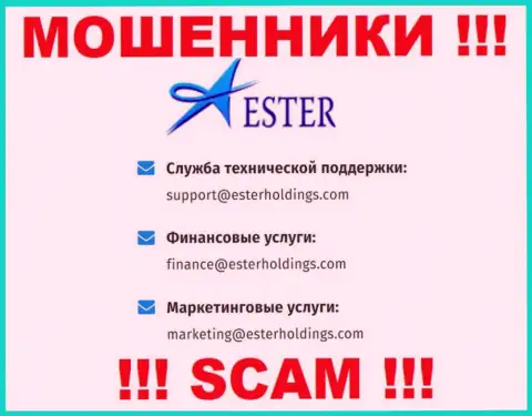 В разделе контакты, на официальном сайте кидал Ester Holdings Inc, найден был данный е-майл